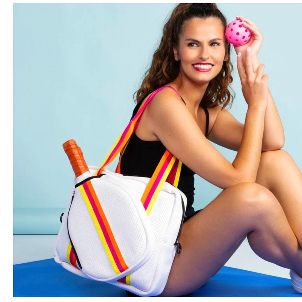 Kedzie Pickleball Tote Bag Stylish Neoprene White Orange Adjustable Crossbody - Picture 7 of 9